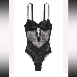 VICTORIAS SECRET RHINESTONE LOGO STRAP LACE TEDDY BODYSUIT